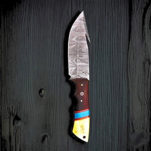 Handmade Damascus Steel Hunting Knife Viking Head Inspired Blade| Custom Outdoor Camping Knife w/ Leather Sheath | Unique Gift for Him, Her