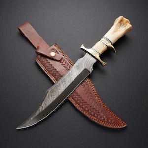 Handgeschmiedetes Damaststahl Bowiemesser | Custom Jagdmesser mit Kamelknochen und Messinggriff | Einzigartiges Sammlermesser Geschenk für ihn, Vater