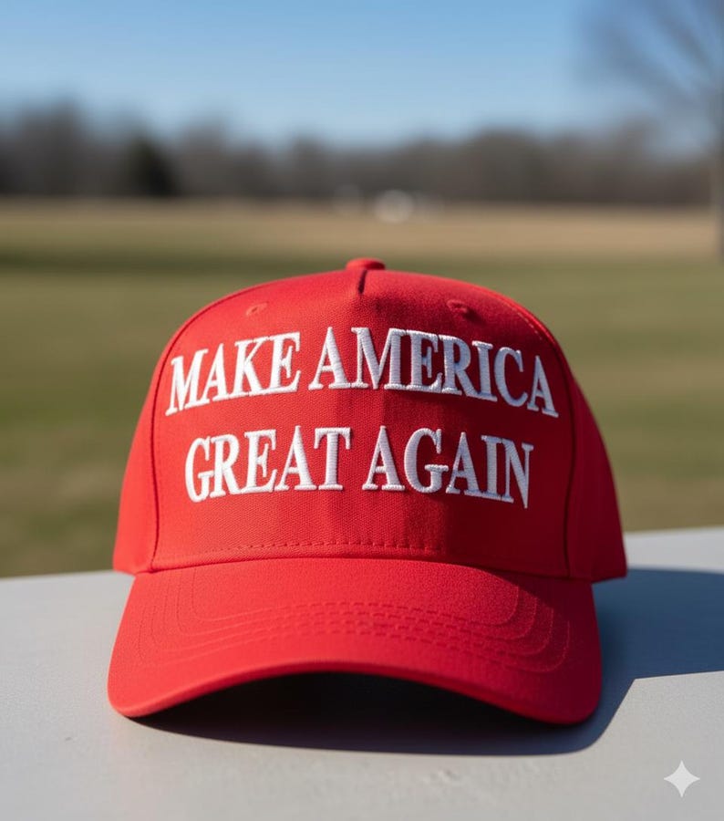 May include: A red baseball cap with the phrase "MAKE AMERICA GREAT AGAIN" embroidered in white. The cap is made of a smooth fabric and has a curved brim. The background is a blurred outdoor scene.