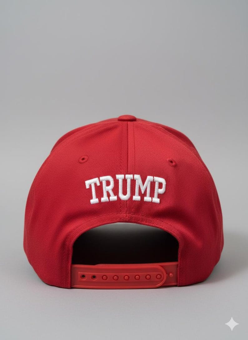 May include: Red baseball cap with the word "TRUMP" embroidered in white block letters. The cap has a red adjustable strap and a rounded top. The background is a solid gray.