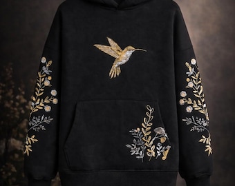 Hummingbird Embroidered Hoodie Black | Botanical Floral Hoodie | Cozy Cotton Fleece Hoodie