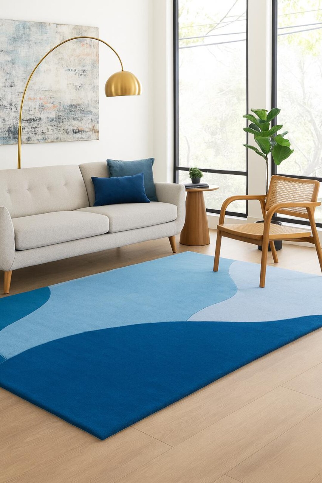 Hand-tufted Wool Area Rug: Abstract Blue Sun, Modern Design, Soft Wool ...