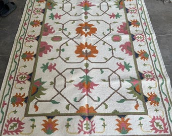 Handwoven Floral Dhurrie Rug, Vintage Indian Jute Kilim