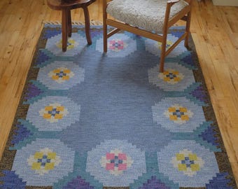 Handwoven Swedish Wool Rug, Marianne Richard Design, Blue Color Kelim Rug