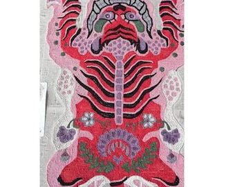 Hand-Tufted Pink Tibetan Tiger Rug, New Zealand Wool, Meditation Decor