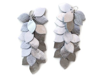Metallic Silver Leather Dangle Earrings | Bright & Shiny | Statement Earrings | Long Earrings | Cascade | Leather Leaves | Boho Chic