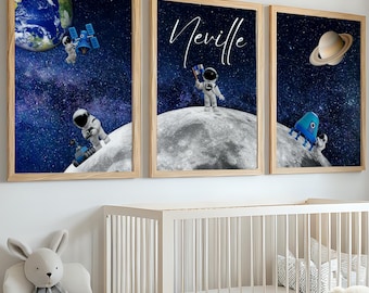Custom Space Astronaut Theme Nursery Print Set of 3 - Personalized Digital Downloads for Boys Room