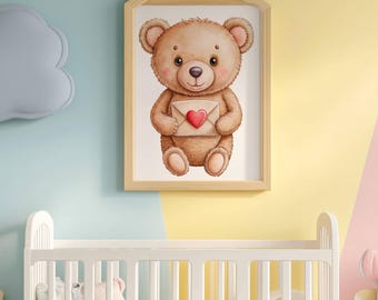 Schattige Valentijnsteddybeerkunst - lieve beer met liefdesbrief voor kinderkamer - direct downloaden