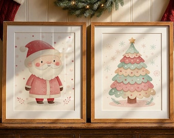 Christmas Nursery Prints Set of 2, Santa Claus and Christmas Tree, Cozy Kids Room Decor, Digital Download