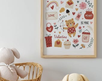 Valentijn kinderkamer kunst aan de muur | Schattige berenliefdesprint | Kinderkamerdecoratie | Digitale downloadposter
