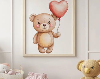 Valentijn teddybeer muurkunst - schattige beer met hartballon, decoratie kinderkamer digitale download