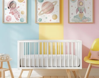 Pastel Space Nursery Art Set – Rocket, Planet & Astronaut Prints, Digital Download Set of 3
