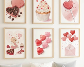 Valentine Love Set - 6 Digital Prints with Hearts & Candy - Cupid Nursery Wall Art Download