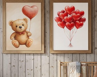 Valentine Heart Balloon Print & Cute Teddy Bear Art | Romantic Kids Room Decor Digital Download (Set of 2)