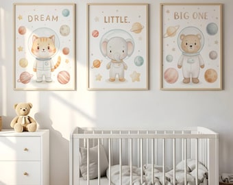 Space Nursery Wall Art Set - Rocket, Planets & Cute Astronaut Animals (Cat, Bear, Elephant) | Digital Download, 3 Prints