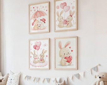 Valentine Bunny Wall Art Set - Cute Love Nursery Prints | Romantic Kids Room Decor | Digital Download 4 Pack