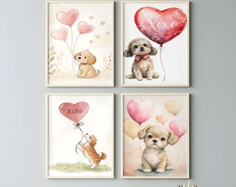 Valentine Puppy Heart Prints | Cute Nursery Wall Art Set of 4 | Sweet Kids Room Love Decor | Digital Download