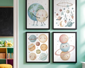 Watercolor Space Nursery Wall Art Set - 4 Cute Planet Prints, Rocket Mobile & Earth-Moon Digital Download