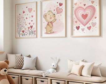 Romantische Valentijn muurkunst set - 3 teddybeer hart boomafdrukken voor kinderkamer - digitale download