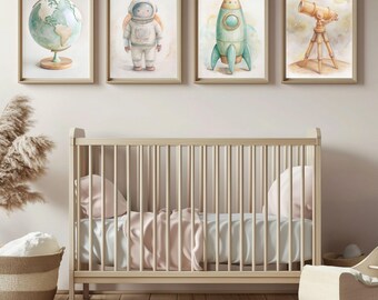 Watercolor Space Nursery Wall Art – Telescope, Rocket, Astronaut & Globe Prints – Set of 4 Neutral Digital Downloads for Baby Room