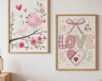 Love Birds Valentine Print | Two Set Nursery Art | Sweet Kids Room Decor | Instant Digital Download