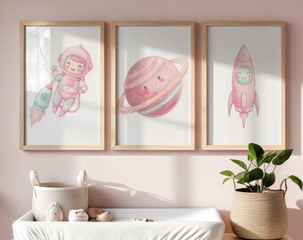 Astronaut & Rocket Nursery Art Prints - Cute Space Wall Art Set of 3, Galaxy Decor for Kids Room, Digital Download