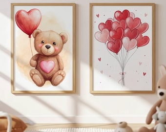 Valentine Nursery Art Set of 2 - Heart Balloons & Teddy Bear Digital Prints