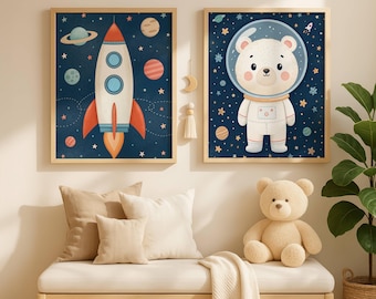 Cute Space Nursery Art Set - Rocket Ship & Astronaut Bear - Kids Room Decor - Digital Download (Set of 2)