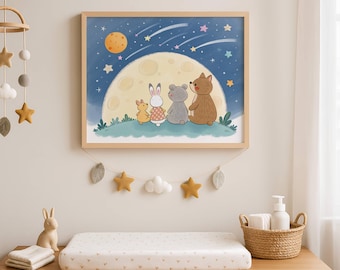 Kids Room Decor | Dreamy Space Nursery Print with Animal Friends & Moon Digital Art