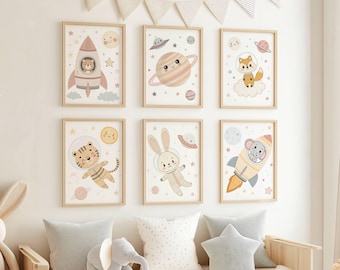 Astronaut Animals Wall Art Set - Bunny, Fox, Tiger, Elephant & Teddy Prints for Space Nursery Decor, Set of 6