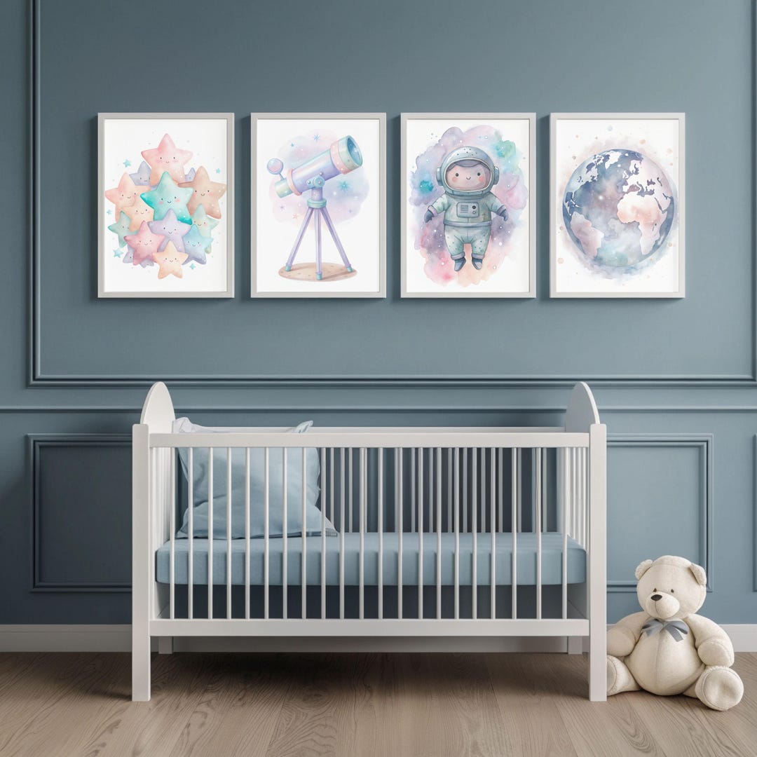 Space Nursery Wall Art Set of 4 - Watercolor Astronaut, Earth ...