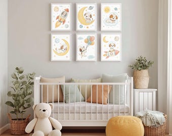 Astronaut Puppy Nursery Wall Art Set | Space Dog Prints & Rocket Moon Decor | 6 Digital Downloads