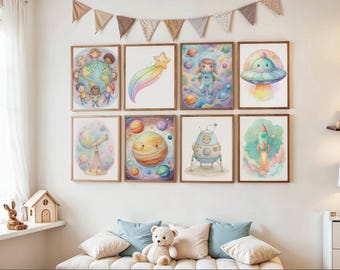 Galaxy Wall Art Set of 8 - Moon, Star & Planet Earth Prints with Adventure Quote - Instant Digital Download