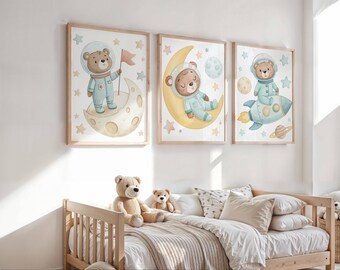 Space Bear Nursery Art Set – Rocket, Moon & Astronaut Watercolor Prints, Cute Baby Room Decor, Digital Download, Set of 3
