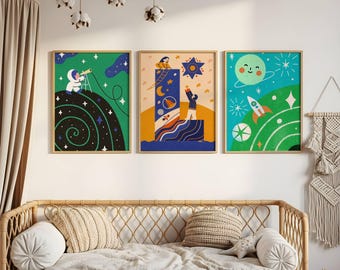 Space Nursery Wall Art Set of 3 - Rocket, Astronaut & Telescope Kids Room Decor - Digital Download
