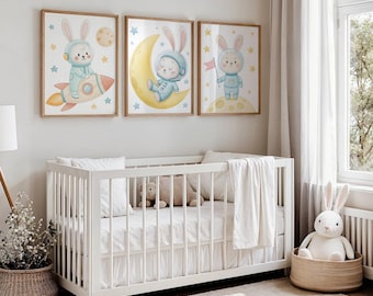 Space Bunny Wall Art Set – 3 Prints of Watercolor Rabbit Astronaut & Rocket for Kids Room Decor, Digital Download