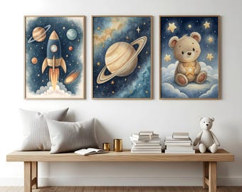 Galaxy Kids Decor: Watercolor Astronaut Animals & Planets | Set of 3 Digital Download Prints
