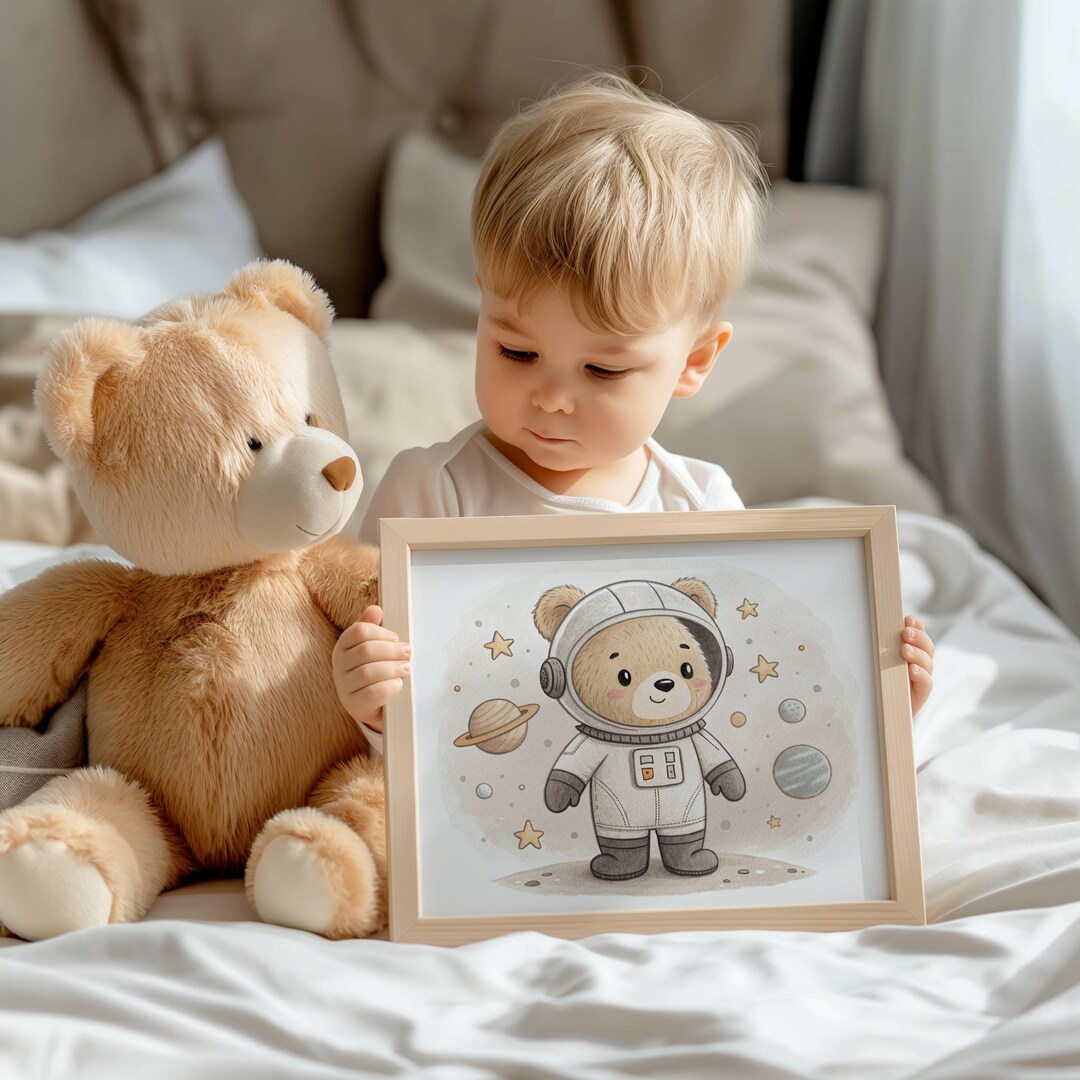 Cute Bear Astronaut Wall Art - Dreamy Galaxy Kids Room Decor, Digital ...