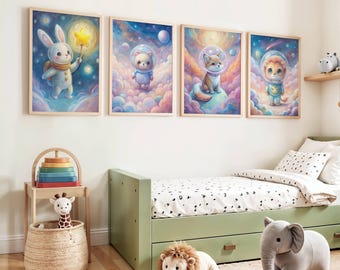 Space Nursery Wall Art Set of 4 – Watercolor Galaxy Animal Prints (Lion, Fox, Bear, Bunny) Digital Download