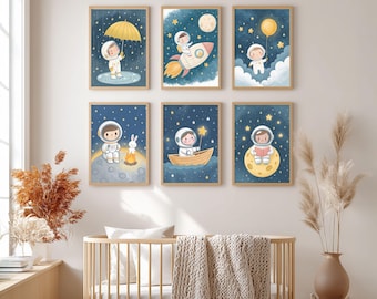 Astronaut Nursery Wall Art Set of 6 - Night Sky Prints, Space Decor, Digital Download