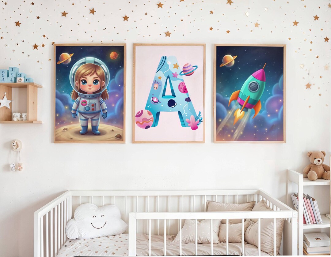 Astronaut Girl & Rocket Nursery Decor - Space Letter Wall Art Set of 3 ...