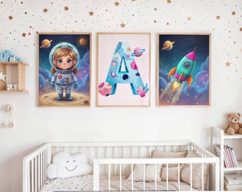 Astronaut Girl & Rocket Nursery Decor - Space Letter Wall Art Set of 3, Digital Prints for Kids Room
