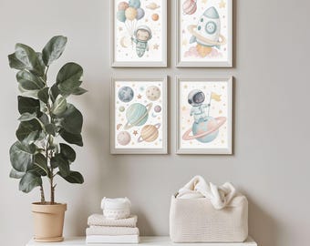 Space Nursery Wall Art Set - Watercolor Galaxy Prints for Baby Rooms, Moon & Astronaut Decor, Digital Download (Set of 4)