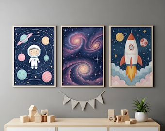 Space Nursery Wall Art Set of 3 | Cute Astronaut Animals & Rocket Prints | Galaxy Decor for Kids | Digital Download