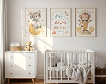 Space Nursery Wall Art Set - Astronaut Animals & Rockets, Dream Explore Discover Theme, 3 Digital Prints