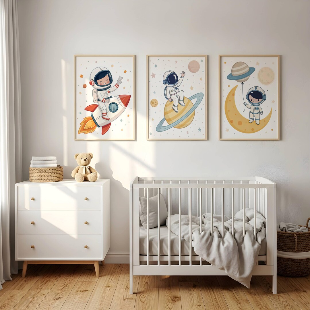 Space Adventure Nursery Wall Art Set - Rocket, Astronaut & Rover Art ...