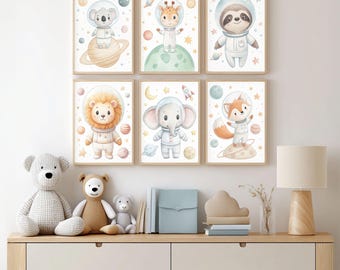 Astronaut Animal Wall Art for Nursery - 6 Watercolor Prints of Fox, Elephant, Lion, Sloth, Giraffe & Koala Digital Download