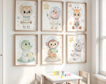Space Animal Nursery Wall Art Set of 6 - Astronaut Rhino, Monkey, Crocodile, Giraffe, Hippo & Leopard - Digital Download