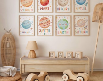 Watercolor Solar System Nursery Art Set | 8 Cute Space Prints for Baby Room Decor | Instant Digital Download