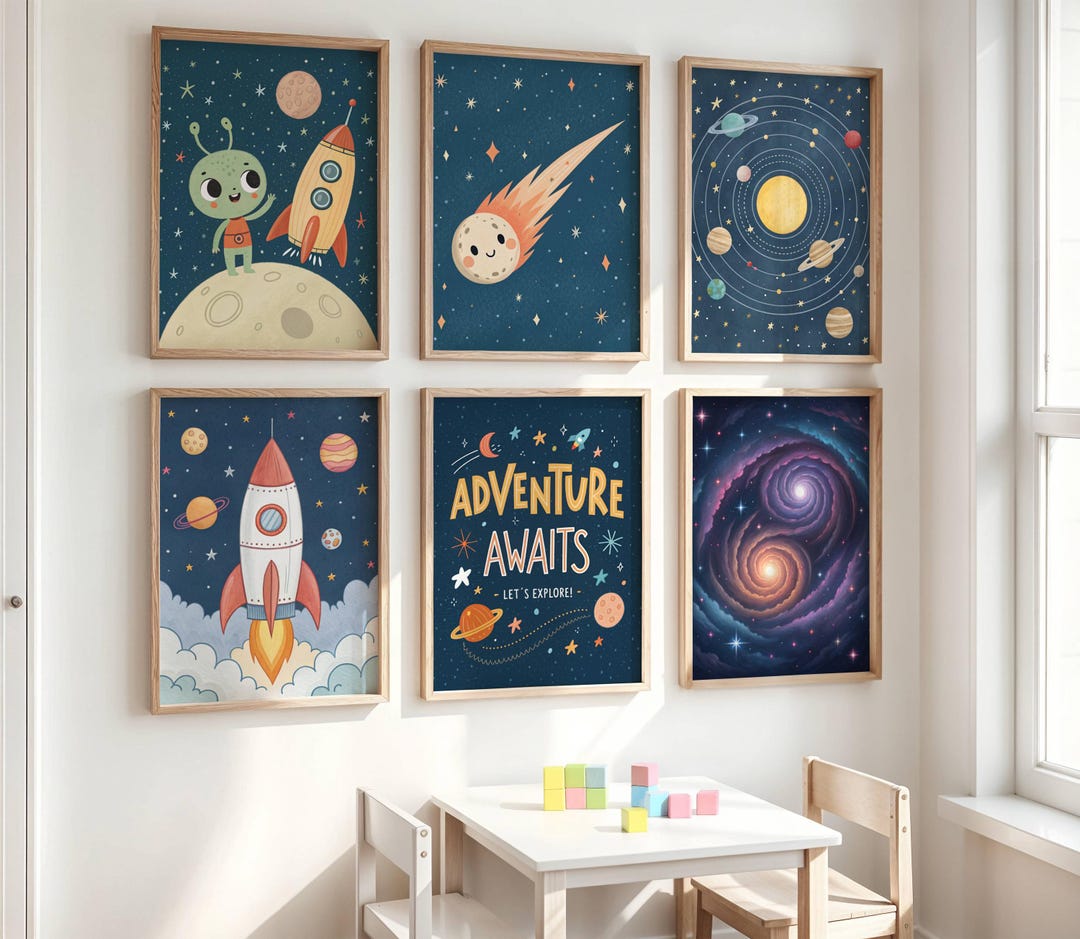 Galaxy Print Set of 6 - Space Nursery Wall Art With Rocket, Planets ...